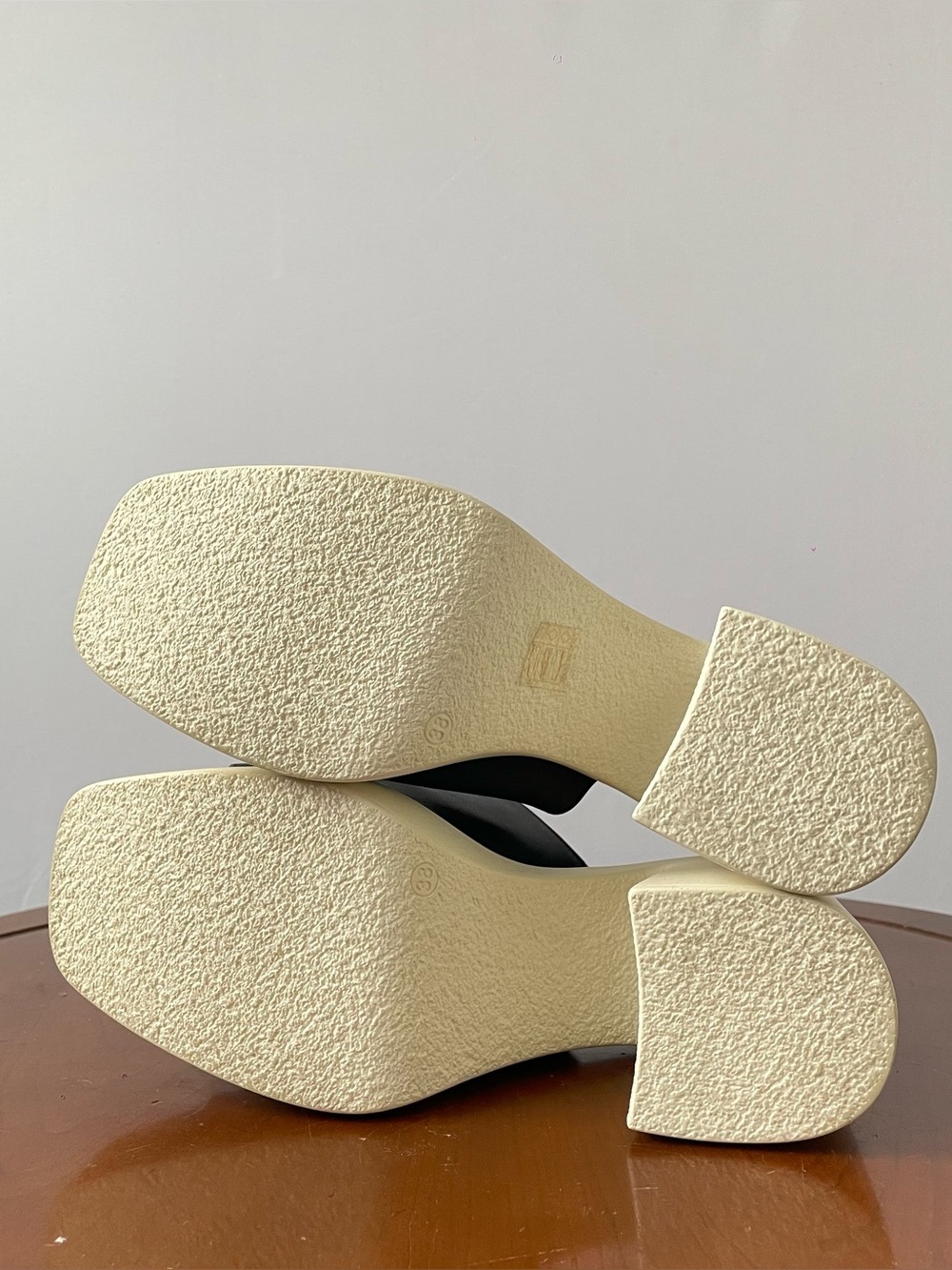 Free People Black Leather Platform Mule Sandals with Cream Block Heel - Picture 5 of 6
